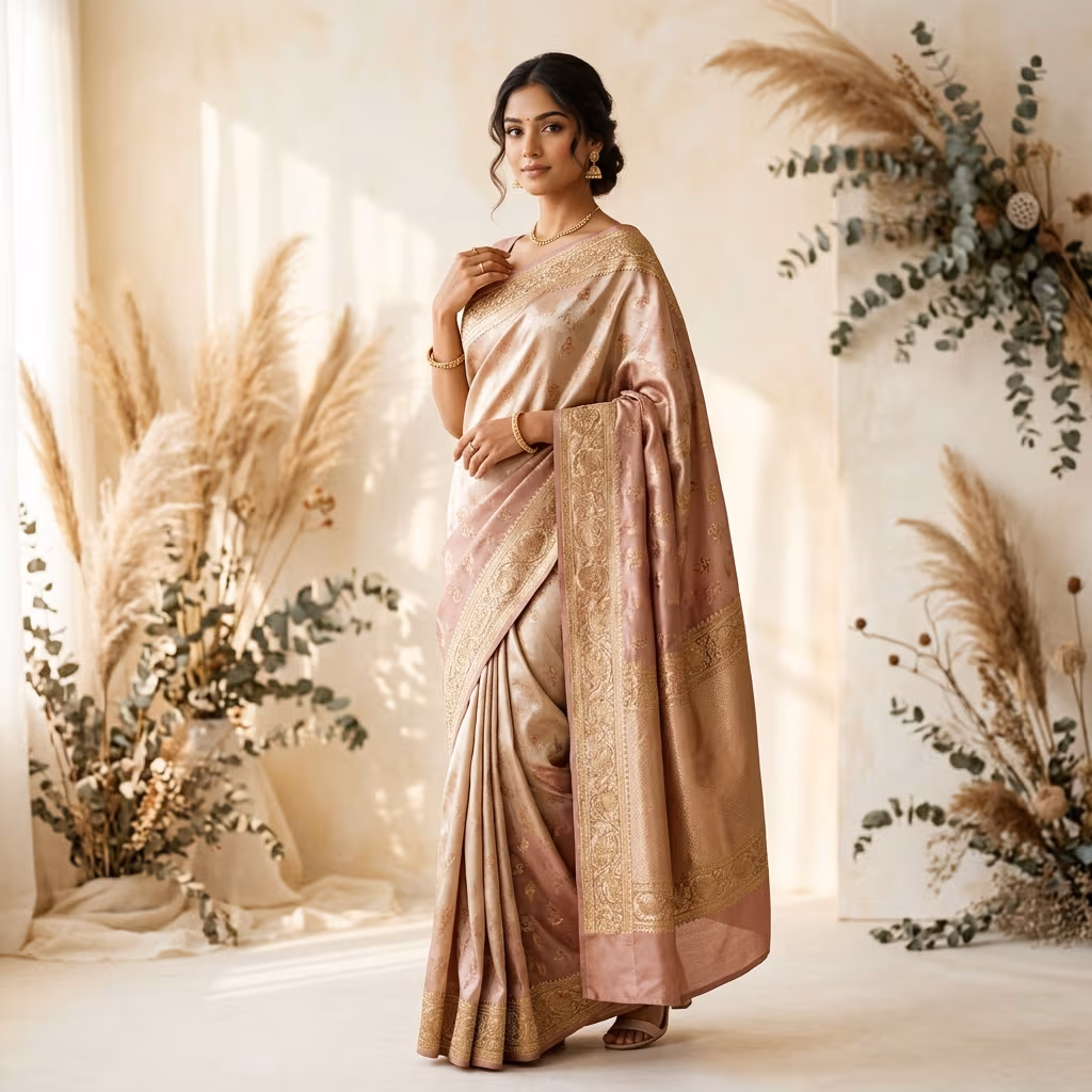 Elegant model wearing premium Vastra saree — luxurious craftsmanship from Surat